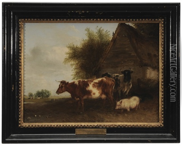 Cows And A Pig In A Farmyard Oil Painting - Edmund Bristow