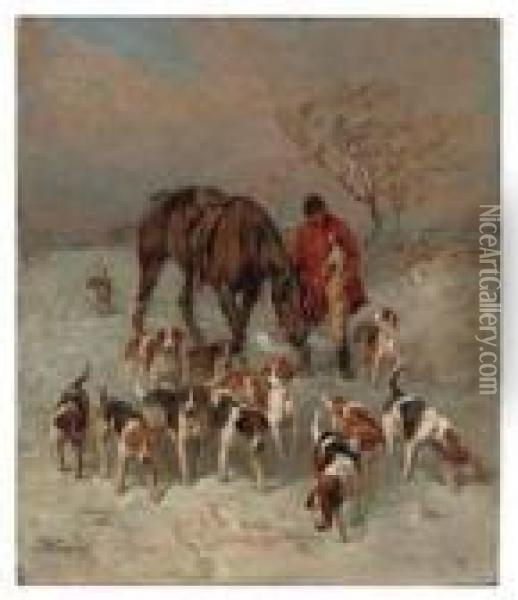 A Winter's Evening, Hounds And Huntsman Returning Home Oil Painting - John Emms