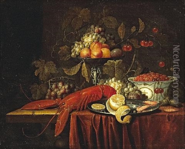 A Still Life With Fruit, Strawberries In A Oriental Bowl And A Lobster Together On A Partially-draped Table Oil Painting - Jan Pauwel Gillemans The Elder