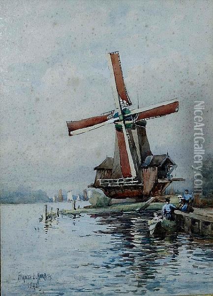 Dutch Windmill Oil Painting - Frances E. Nesbitt