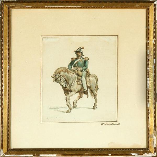 A Soldier On A Horseback. Signed
 W. Marstrand. Drawing Ink And Watercolour On Paper Mounted On Paper. 
Sheet Size 17 X 12 Cm Oil Painting - Wilhelm Marstrand