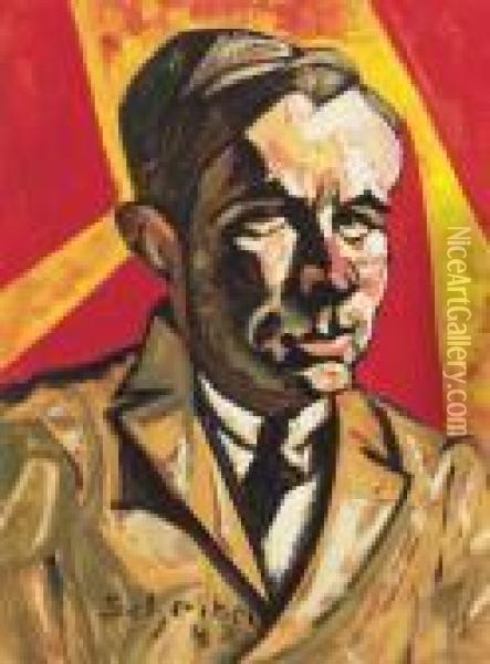 Red-yellow Portrait (portrait Of Bela Barabas) Oil Painting - Hugo Scheiber