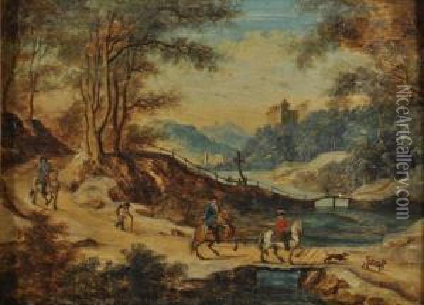 Cavaliers Franchissant Un Pont De Bois Oil Painting - Jacques Guillaume Vanblarenberghe