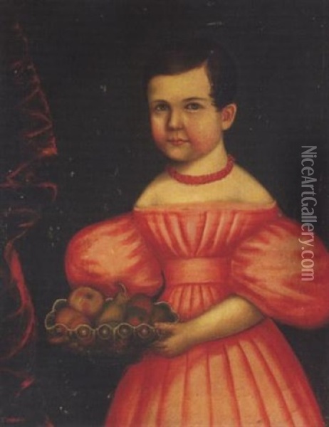 Little Girl In A Salmon Pink Dress With Coral Necklace Holding A Glass Bowl Of Fruit Oil Painting - Milton W. Hopkins
