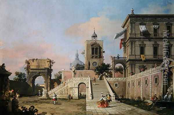 Capriccio of twin flights of steps leading to a palazzo, c.1750 Oil Painting - (Giovanni Antonio Canal) Canaletto