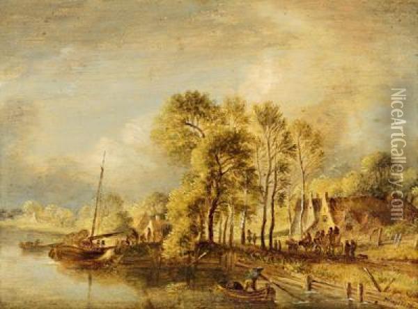 Paesaggio Fluviale Con Barche Da Pescatori E Viadanti Oil Painting - Johann Michael Frey