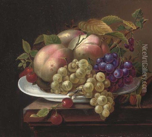 Peaches, Grapes And Cherries On A Plate Oil Painting - George Forster