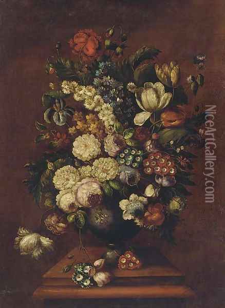 Flowers in a bowl next to pommegranites on a table Oil Painting - English School