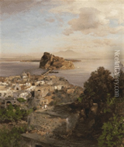 Blick Uber St. Angelo, Das Castello Aragonese Und Den Vesuv Oil Painting - Oswald Achenbach