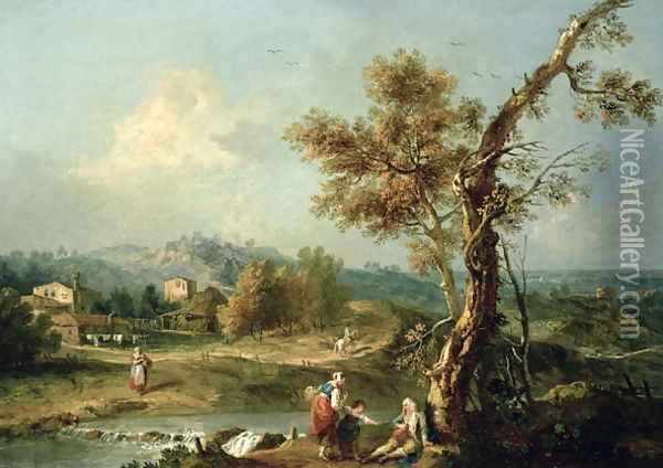 An Italianate River Landscape with Travellers Oil Painting - Francesco Zuccarelli