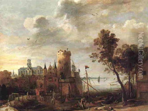 A Harbor Scene Before A Town Oil Painting - Pieter van der Hulst the Elder