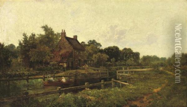A Day Out: At The Locks In Summer Oil Painting - Alfred de Breanski