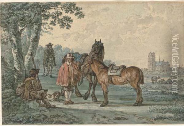 Horsemen On A Path With Dordrecht In The Distance Oil Painting - Jacob Van Stry