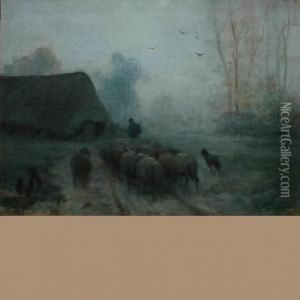 Herdsman And Sheep On A Misty Road Oil Painting - Martinus Jacobus Nefkens