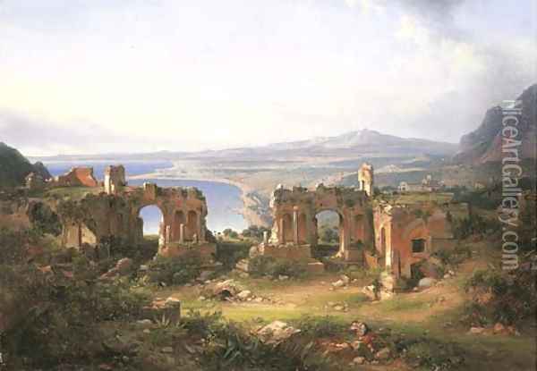 View of Taormina Oil Painting - French School