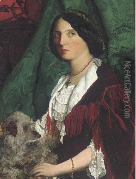 Portrait Of A Lady, Half-length, In A Red Velvet Dress With Lace Trim And White Collar, Holding A Dog, A Green Curtain Beyond Oil Painting - John Lawson