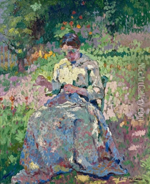 Femme Cousant Dans Un Jardin Oil Painting - Paul Elie Gernez