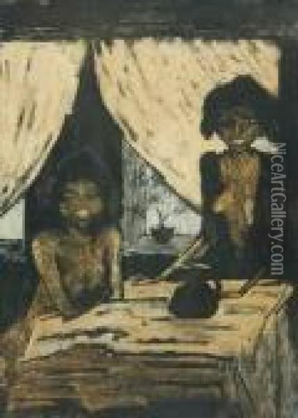 Zigeuner. Zwei Zigeunermadchen Im Wohnraum Oil Painting - Otto Mueller