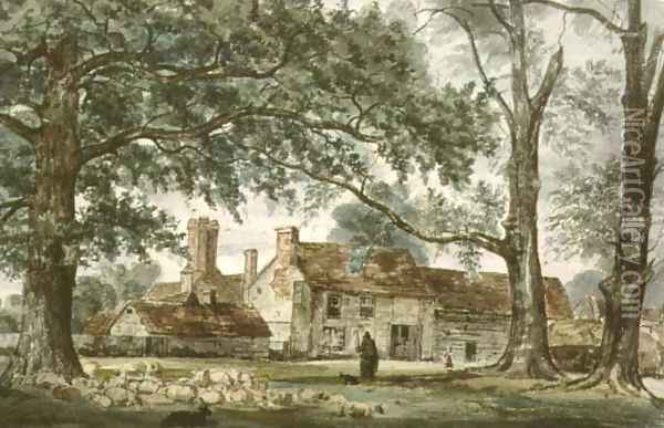 Farm Buildings and a Shepherd with a Flock of Sheep Oil Painting - Thomas Collier