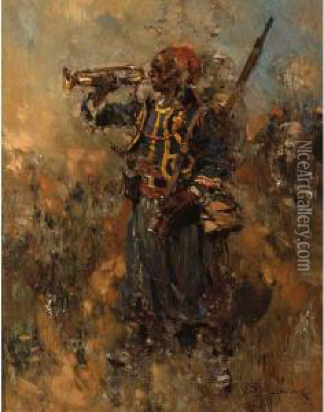 An Infanterist Blowing The Trumpet Oil Painting - Hermanus Willem Koekkoek