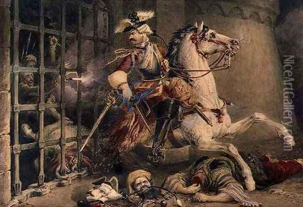 The Cavalry Officer Escaping from Turks Oil Painting - William Heath
