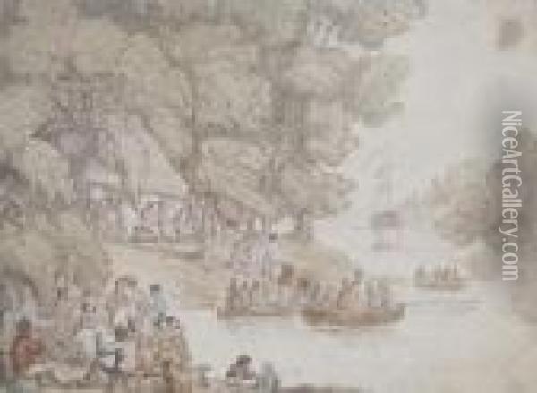 A Wooded River Scene Oil Painting - Thomas Rowlandson