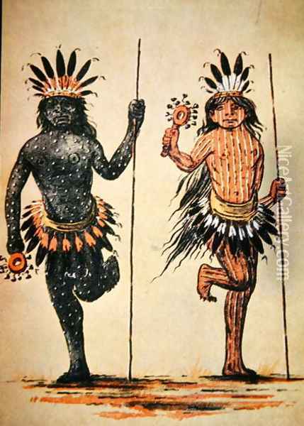 A Mandan tribal dance representing 'Day' and 'Night', from a painting of c.1835 Oil Painting - George Catlin