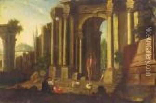 A Capriccio Of Classical Ruins With A Shepherd And Other Figures Oil Painting - Marco Ricci