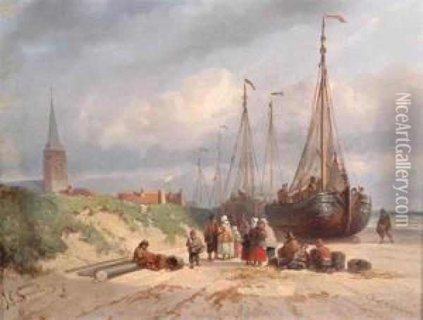 Fisherfolk And Boats On The Shore Oil Painting - Johan Gerard Smits