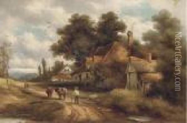 A Drover And His Cattle On A Village Track Oil Painting - Charles Vickers