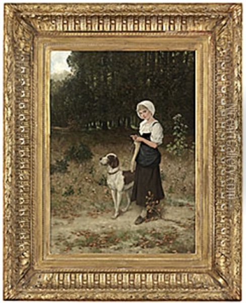 Girl With Her Pet Oil Painting - Hubert Salentin