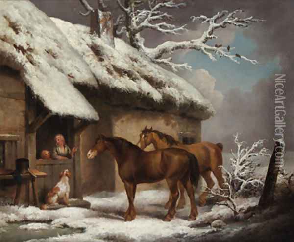 A Winter Landscape Two horses and a spaniel outside a cottage Oil Painting - George Morland