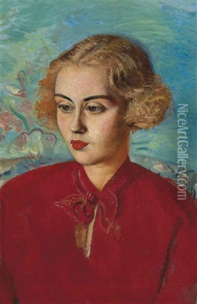 Woman In Red Oil Painting - Boris Dmitrievich Grigoriev