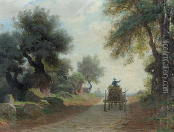 Landschaft Mit Pferdekarren Auf Einem Weg. Oil Painting - Jacques Alfred Van Muyden