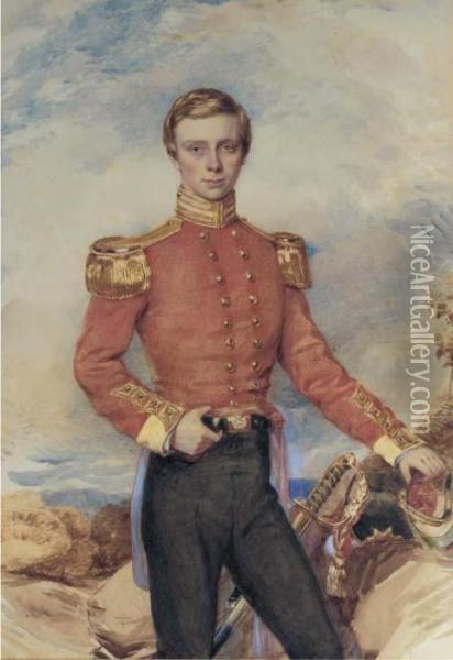 Portrait Of An Infantry Officer, Three-quarter-length, Standing In A Rugged Landscape Oil Painting - John Hoppner