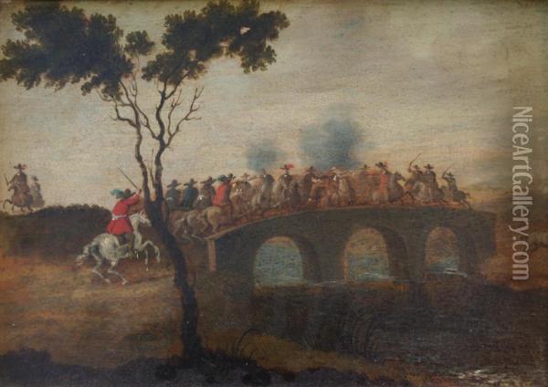 Cavalry Encounter On A Bridge Oil Painting - Karel Van Breydel (Le Chevalier)