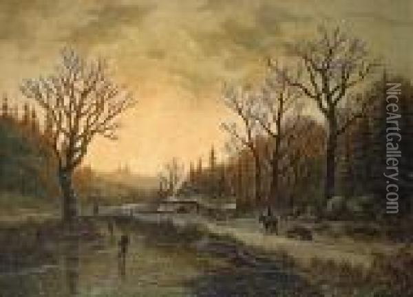 Winterlandschaft Mit Schlittschuhlaufern Oil Painting - Johann Bernard Klombeck