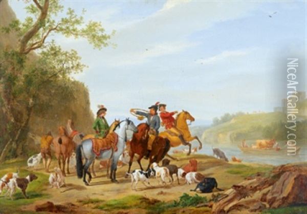 Rastende Reiter Mit Hunden An Einem Flussufer Oil Painting - Francesco Giuseppe Casanova
