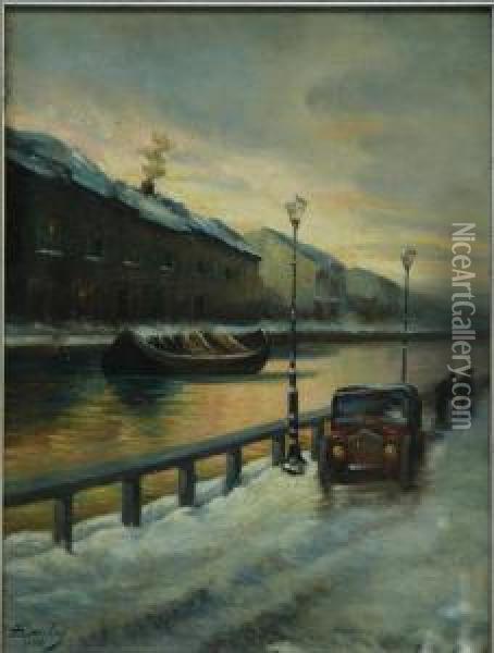 Naviglio In Inverno Oil Painting - Emilios Prosalentis