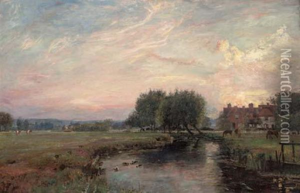 A Peaceful River Landscape At Sunset Oil Painting - John William Buxton Knight