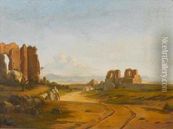 A Distant View Of The Claudian Aqueduct, Outside Rome Oil Painting - Francois Antoine Bossuet