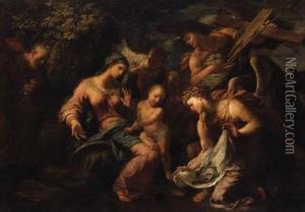 Angels Showing The Instruments Of The Passion To The Infant Christand The Holy Family Oil Painting - Antonio Balestra