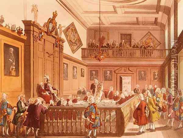 The Court of Chivalry in session in the Earl Marshals Court at the College of Arms from Ackermanns Microcosm of London, 1809 Oil Painting - T. Rowlandson & A.C. Pugin