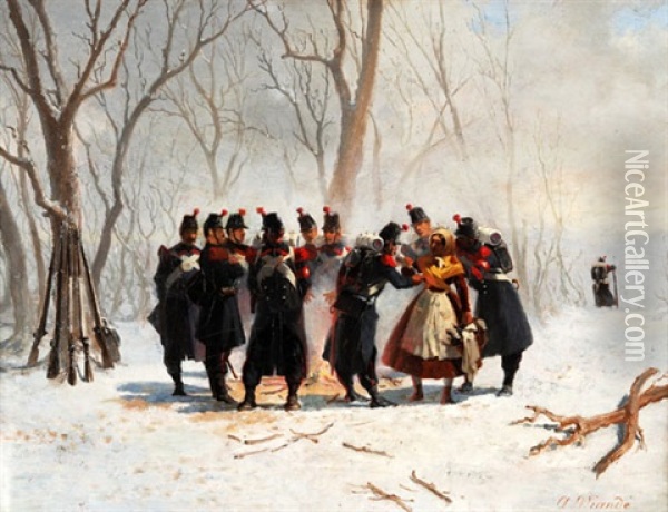 Winterliche Landschaft Mit Einer Gruppe Schweizer Milizsoldaten Die Sich An Einem Feuer Warmen Oil Painting - Auguste Viande