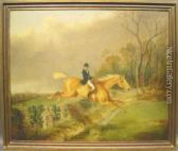 A Hunt In Full Cry, With Rider Taking A Wall Oil Painting - George Henry Laporte