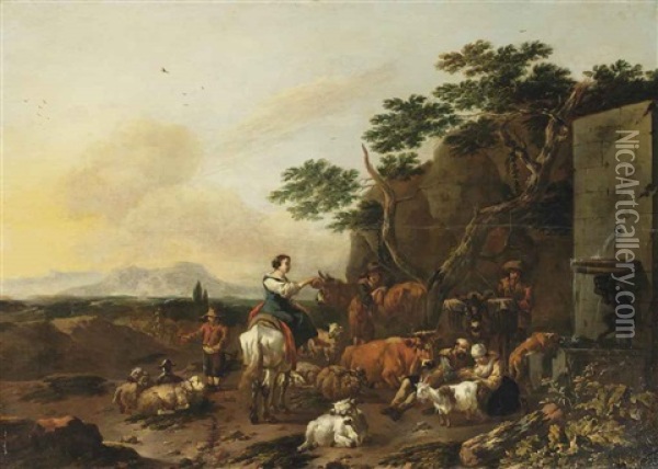 An Italianate Landscape With Shepherds And Their Stock Resting Near A Fountain Oil Painting - Jan Frans Soolmaker