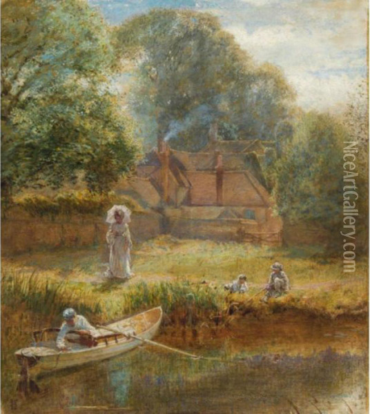 Fishing On A Summer's Afternoon Oil Painting - Myles Birket Foster