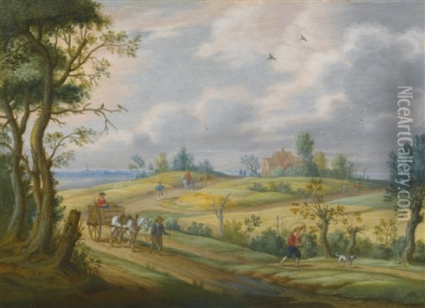 Summer Landscape With A Horse And Cart And Other Figures On A Path Oil Painting - Isaac Van Oosten