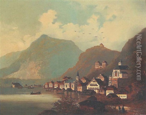 Hallstatt Oil Painting - Johann Wilhelm Jankowski