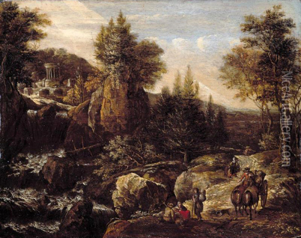 A Rocky River Landscape With Travellers, A Classical Temple Beyond Oil Painting - Gerrit Van Battem